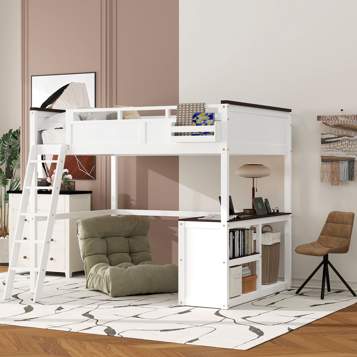Queen Size Loft Bed with Desk, Storage, and USB Charging Station - White