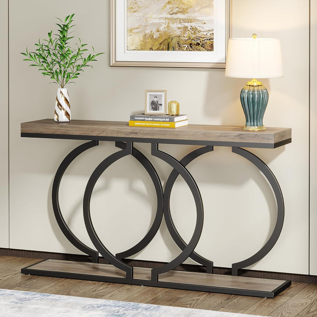 Narrow Long Console Table with Geometric Frame - Gray