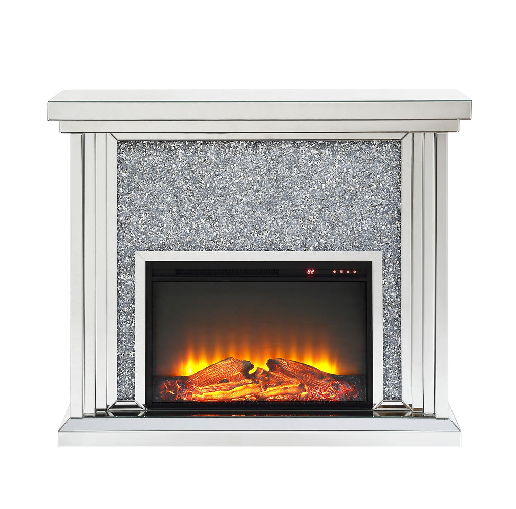 Mirrored Electric Fireplace with Faux Diamond Inlay - Silver