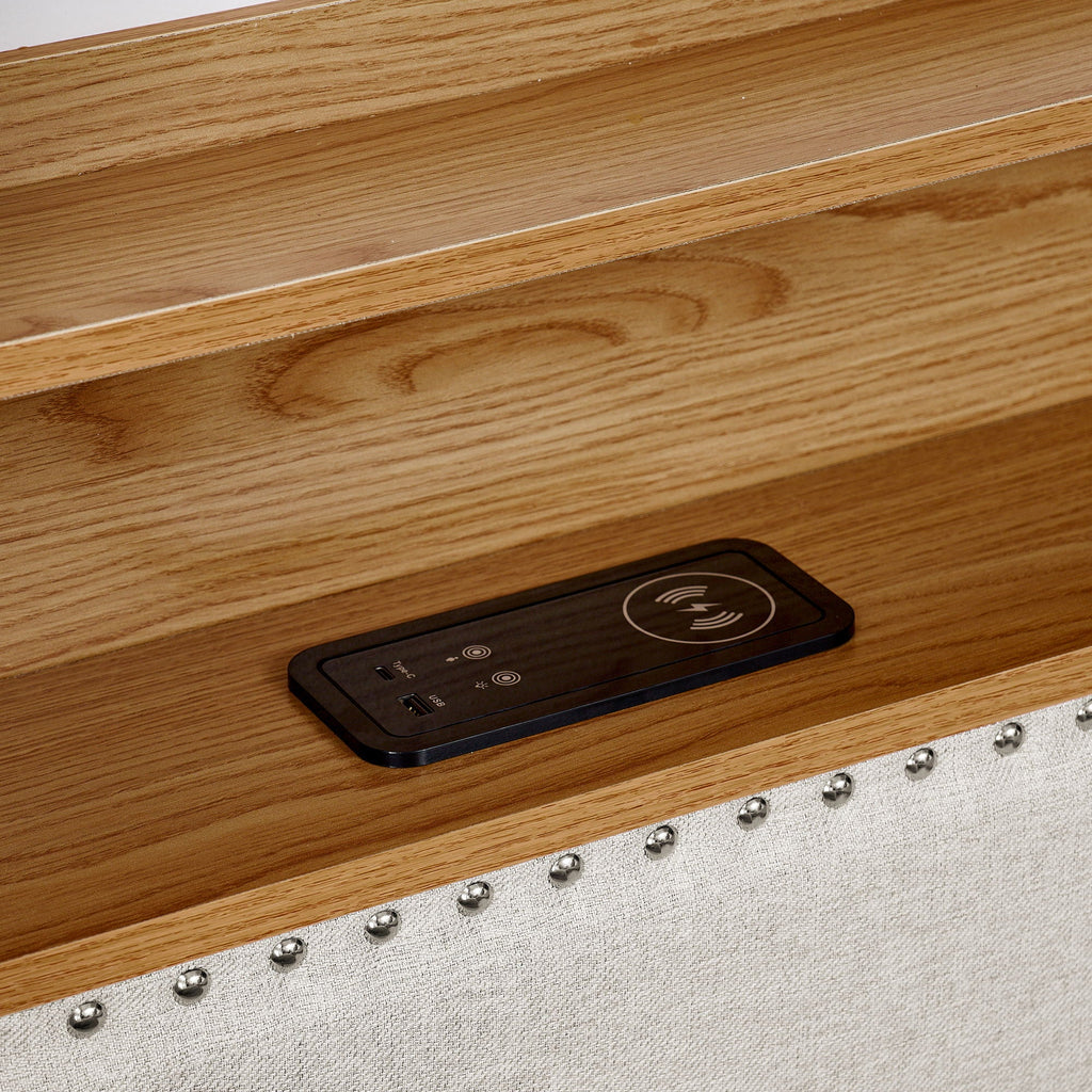 Twin Upholstered Sofa Bed with LED Lights and Storage Drawers - Beige