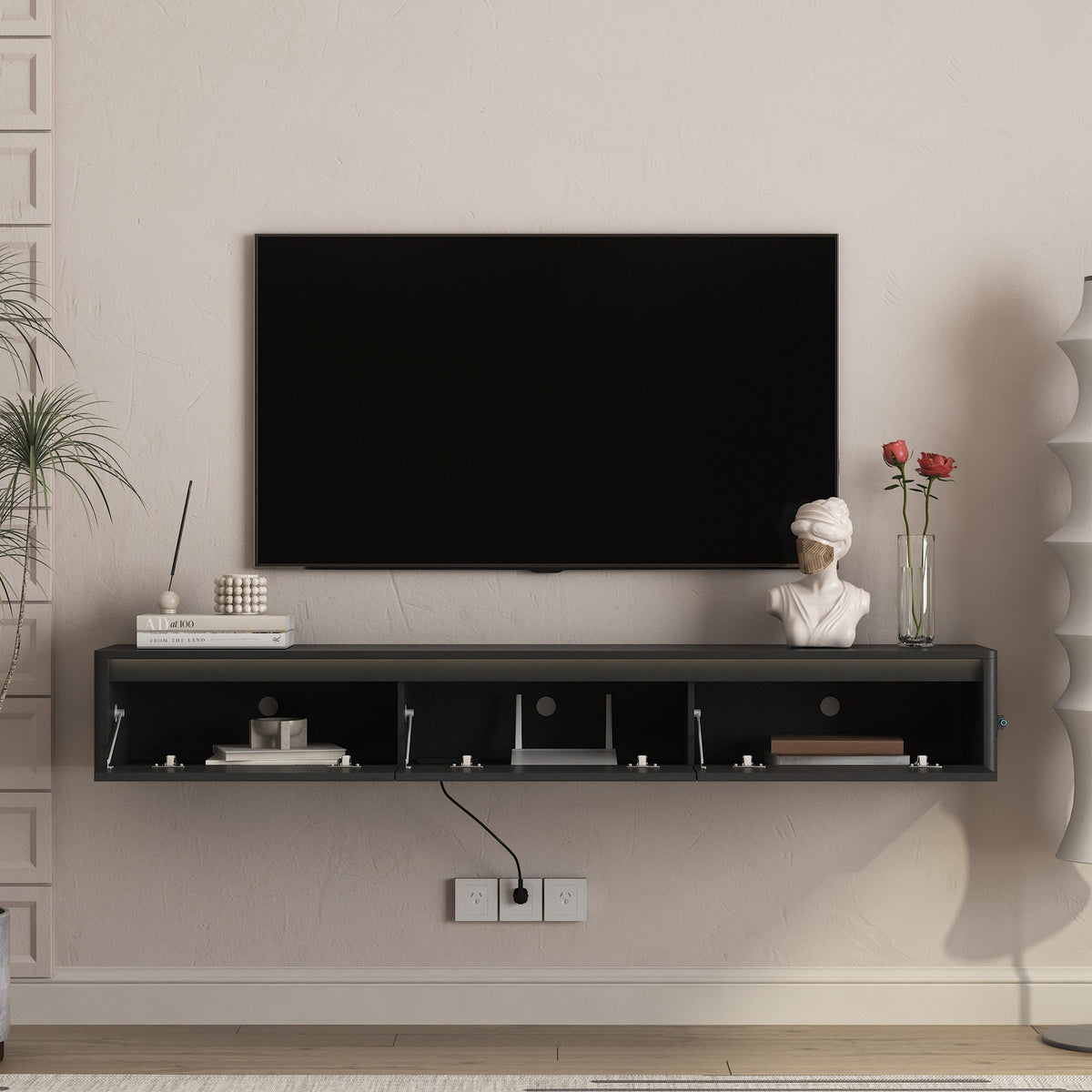 Floating TV Stand with LED Lights & Power Outlet - White or Black