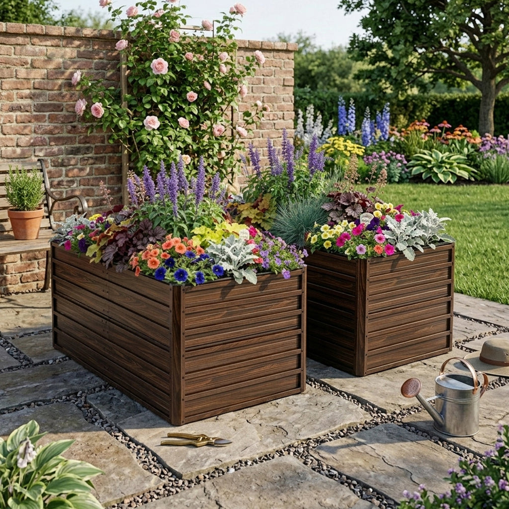 Metal Raised Garden Bed Kit 2-Pack with Open Drainage - Walnut