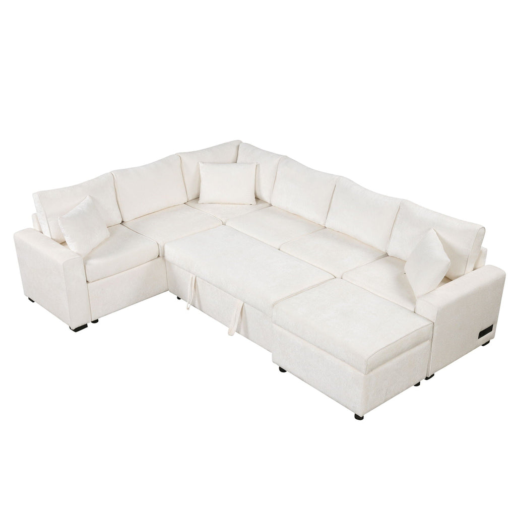 Sleeper Sectional Sofa with Storage Ottoman and USB Charging - White or Dark Gray