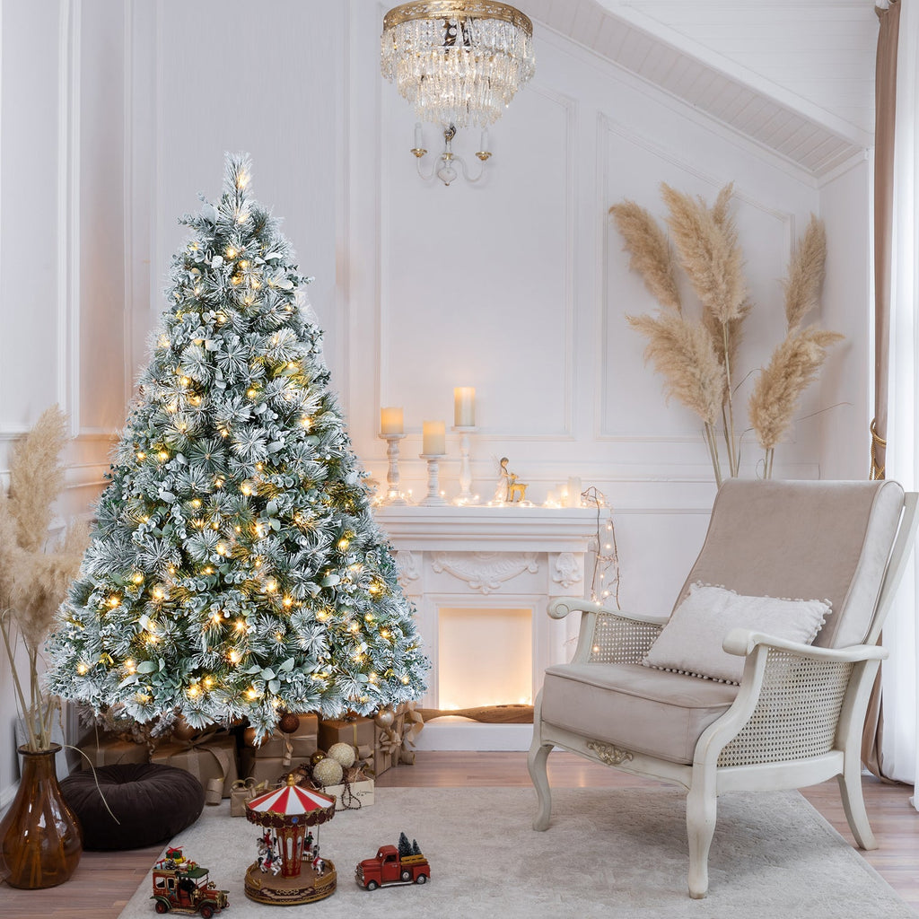 4FT Prelit Flocked Christmas Tree with Pine Needles & Eucalyptus Leaves - Flocked