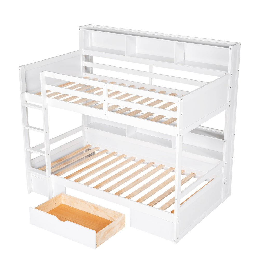 Twin Size Bunk Bed with Built-In Shelves and Storage Drawer - Dark Gray or White