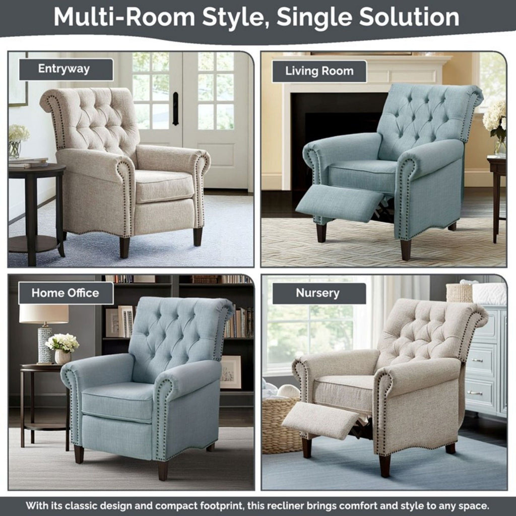 Cream Push Back Recliner Chair with Tufted Back and Nailhead Trim