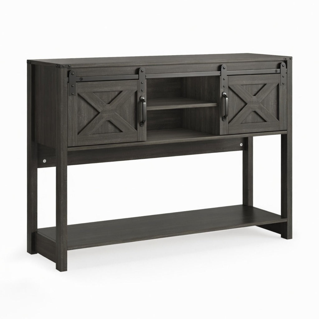 Farmhouse Entryway Table with Sliding Barn Door - Gray, Dark Gray, White, Black