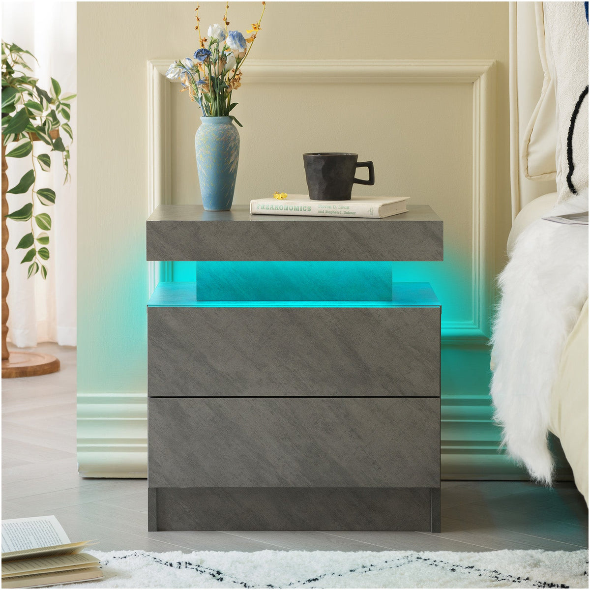 Modern LED Nightstand with 2 Drawers and Adjustable Lighting - Deep Gray