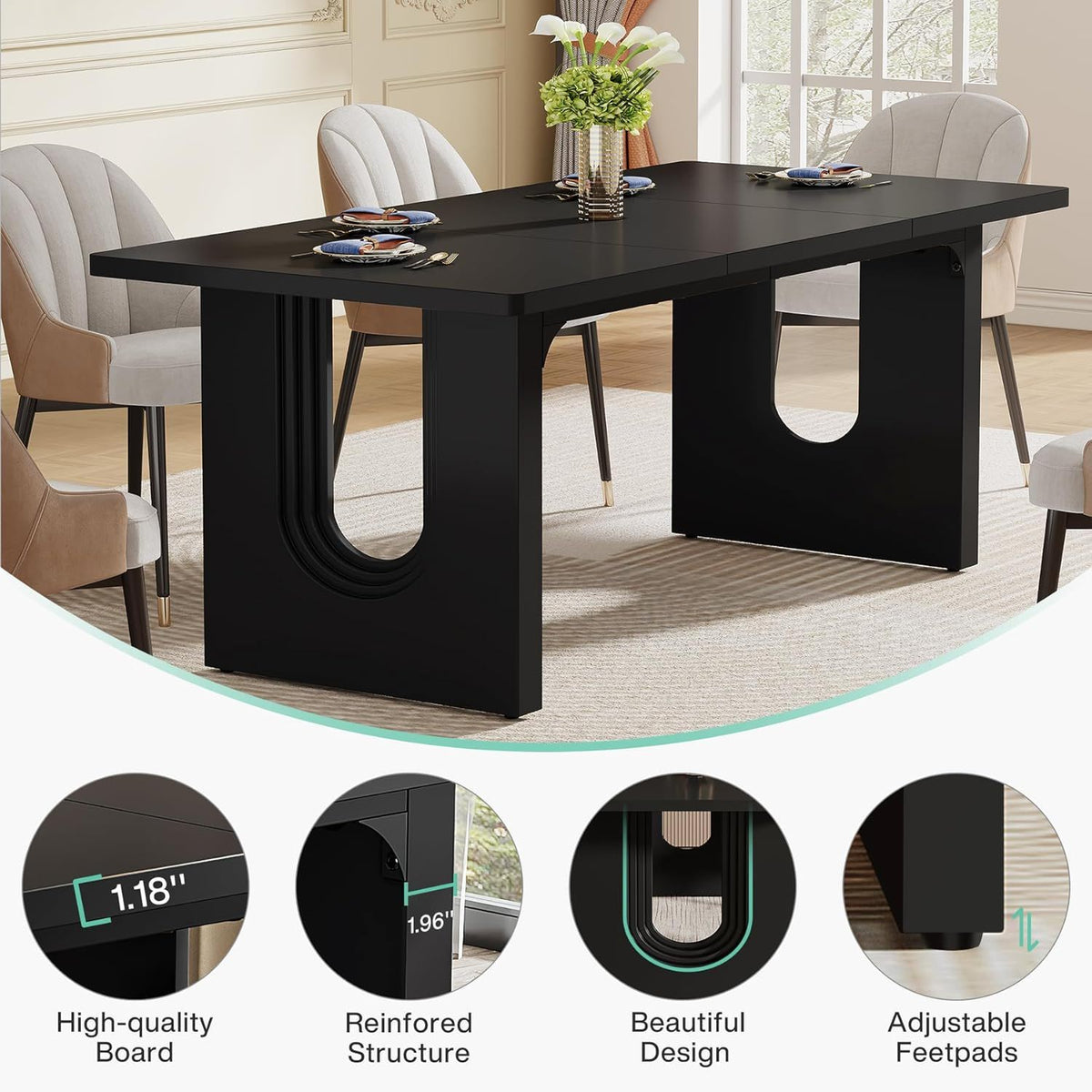 Rectangular Dining Table with Pedestal Base - Black or White