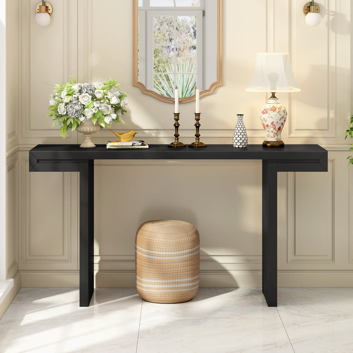 60-Inch Console Table with Geometric Design and Adjustable Feet - Black or Navy Blue