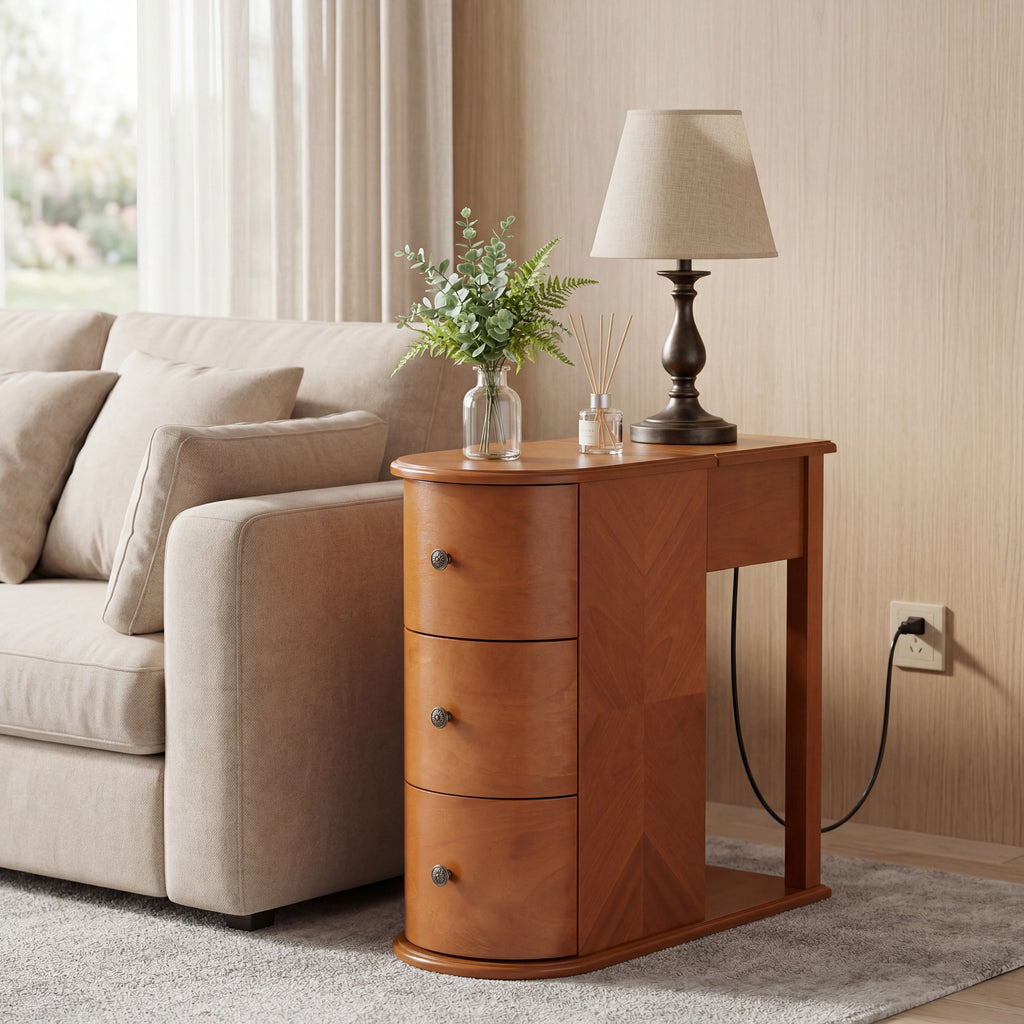 Modern End Table with Hidden Cup Holder and Charging Station - Walnut