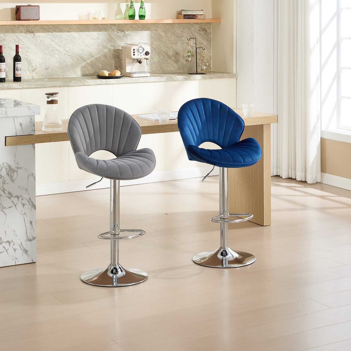 Adjustable Bar Stools Set of 2 with Back and Footrest - Navy