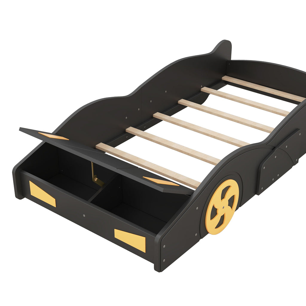 Race Car Platform Bed with Storage and Wheels - Black or Blue