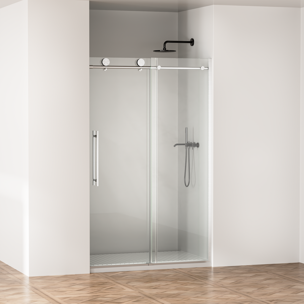 Frameless Sliding Shower Door with Clear Tempered Glass - Brushed Nickel