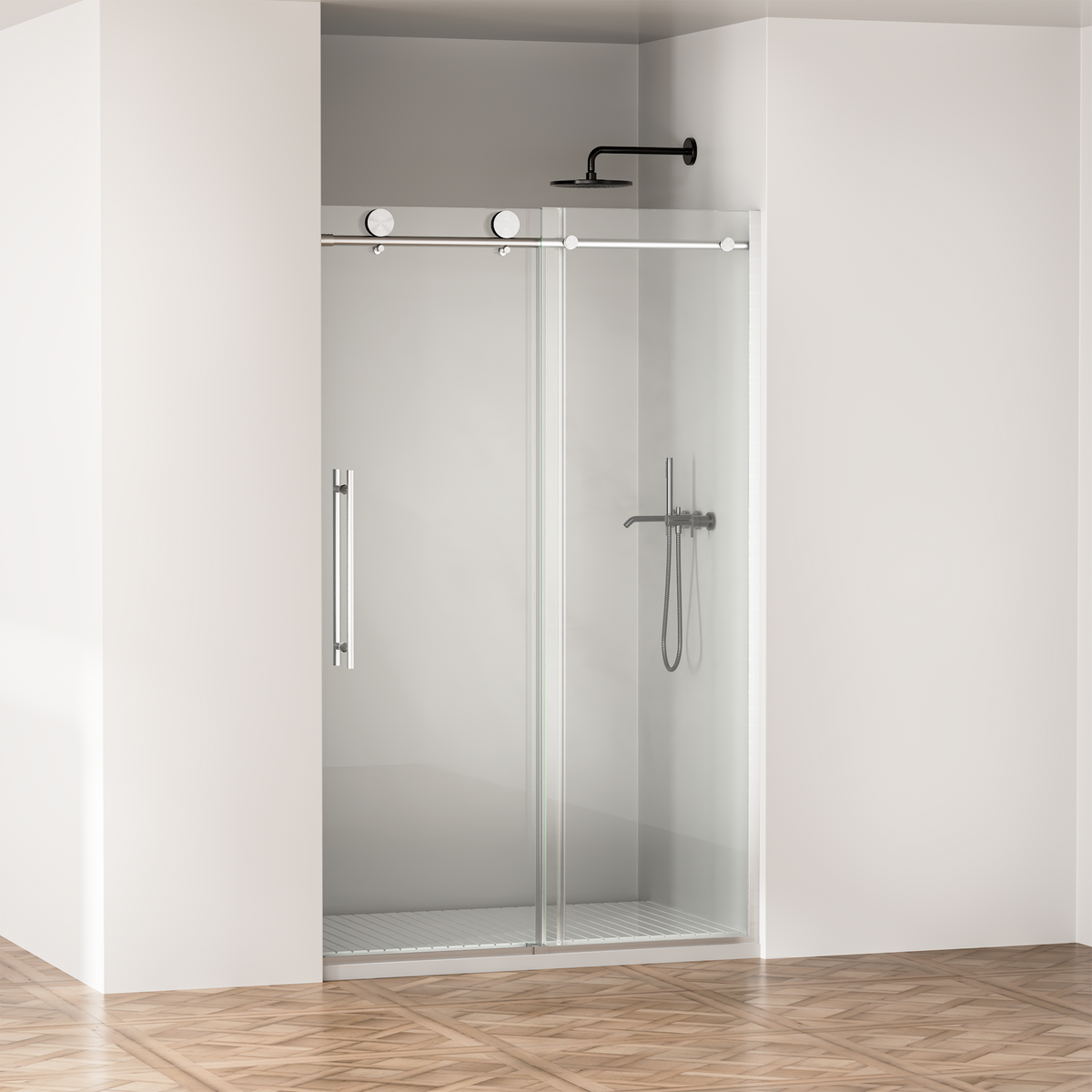 Frameless Sliding Shower Door with Clear Tempered Glass - Brushed Nickel