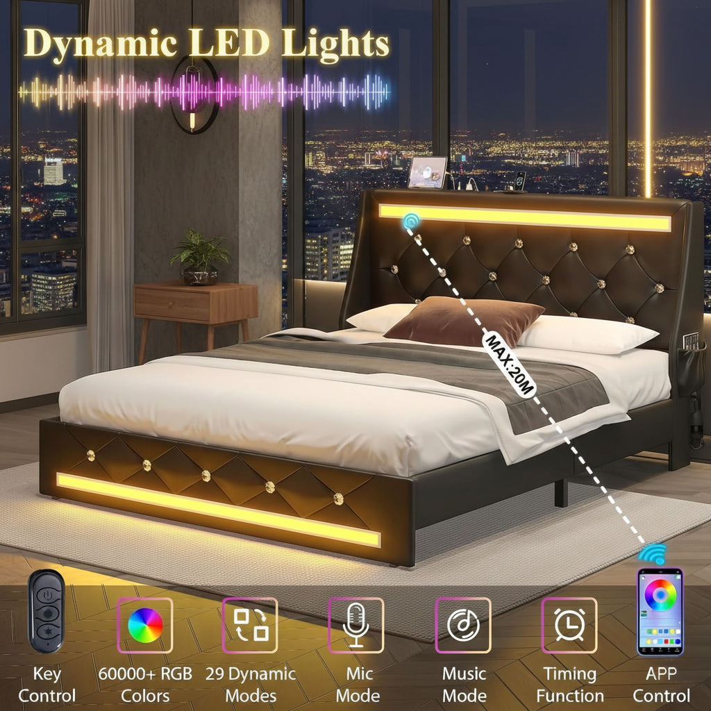 Wingback Upholstered Bed Frame with LED Lights and Charging Station - Black or White