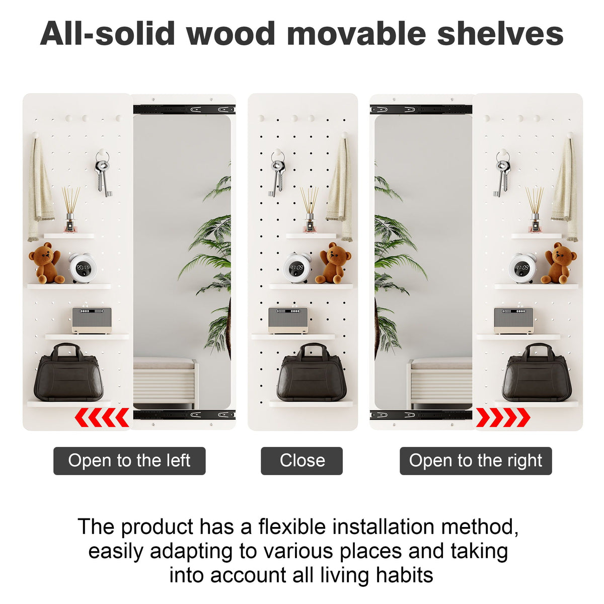 Full Length Wall Mounted Mirror with Shelf and Hook - Dark Brown, White, or Light Brown