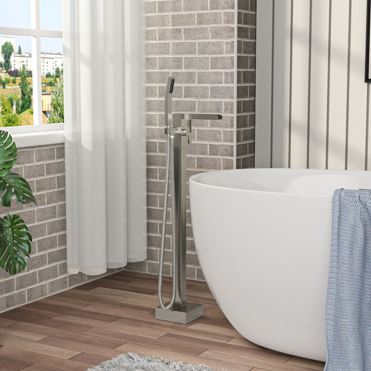 Freestanding Bathtub Faucet Waterfall Tub Filler with Hand Shower - Brushed Nickel