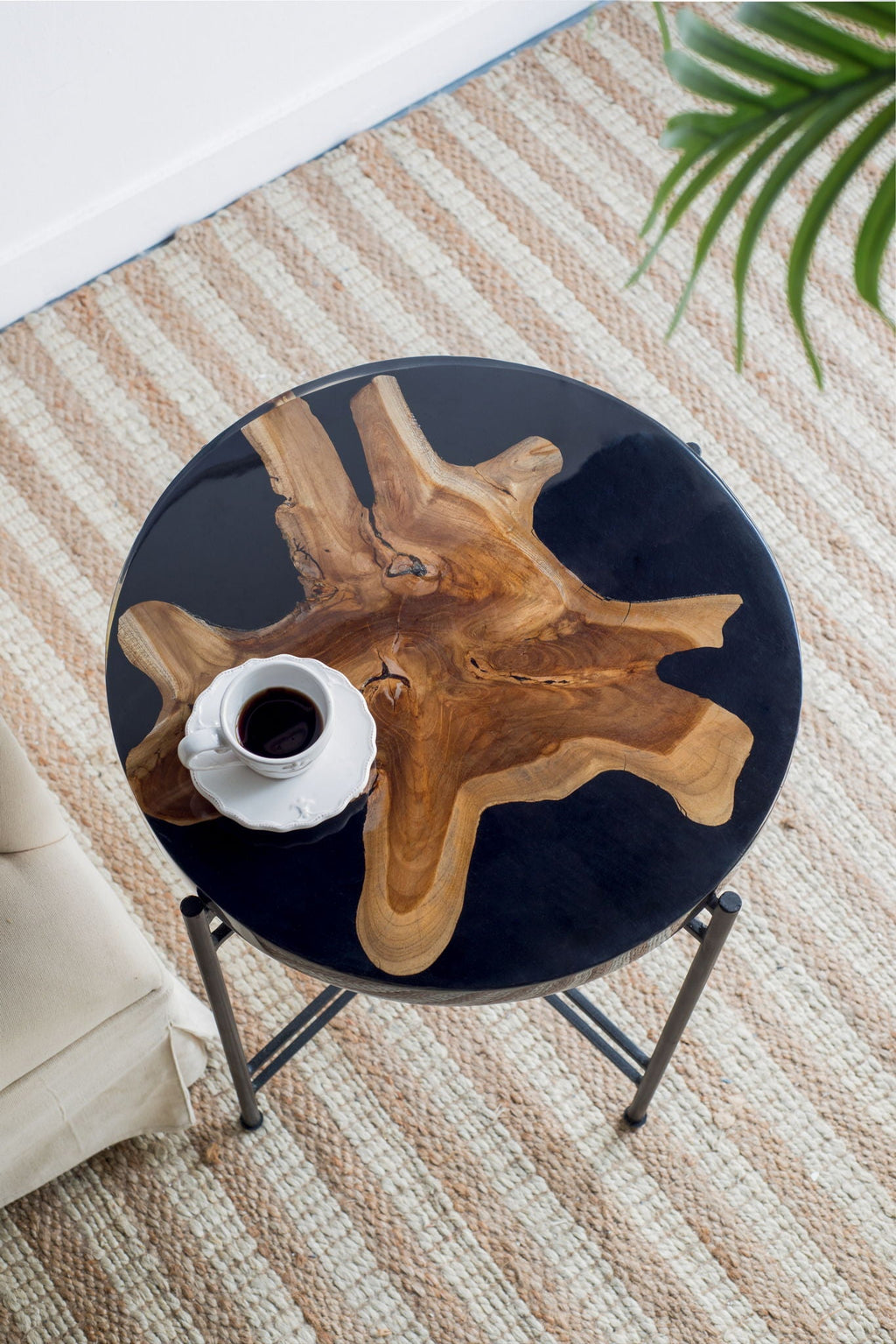 Black and Brown Side Table with Teak Root Wood and Iron Frame