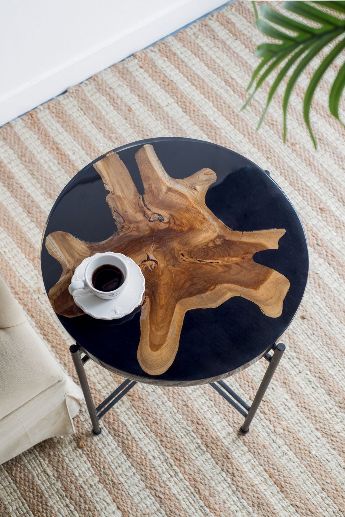Black and Brown Side Table with Teak Root Wood and Iron Frame