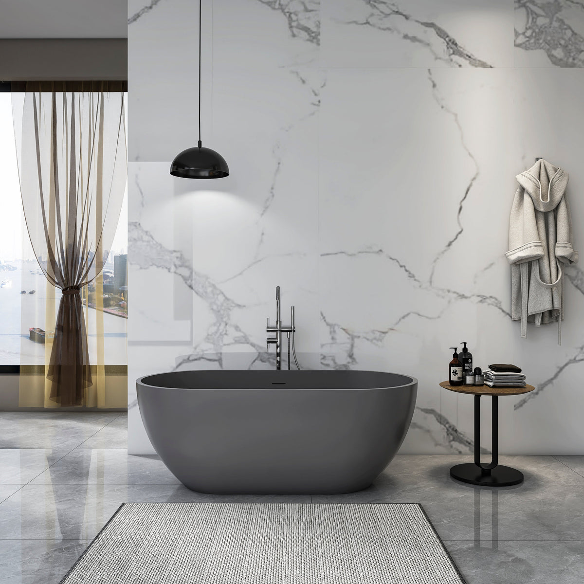 59 Inch Solid Surface Oval Freestanding Bathtub with Modern Oval Design - Dark Grey or Black