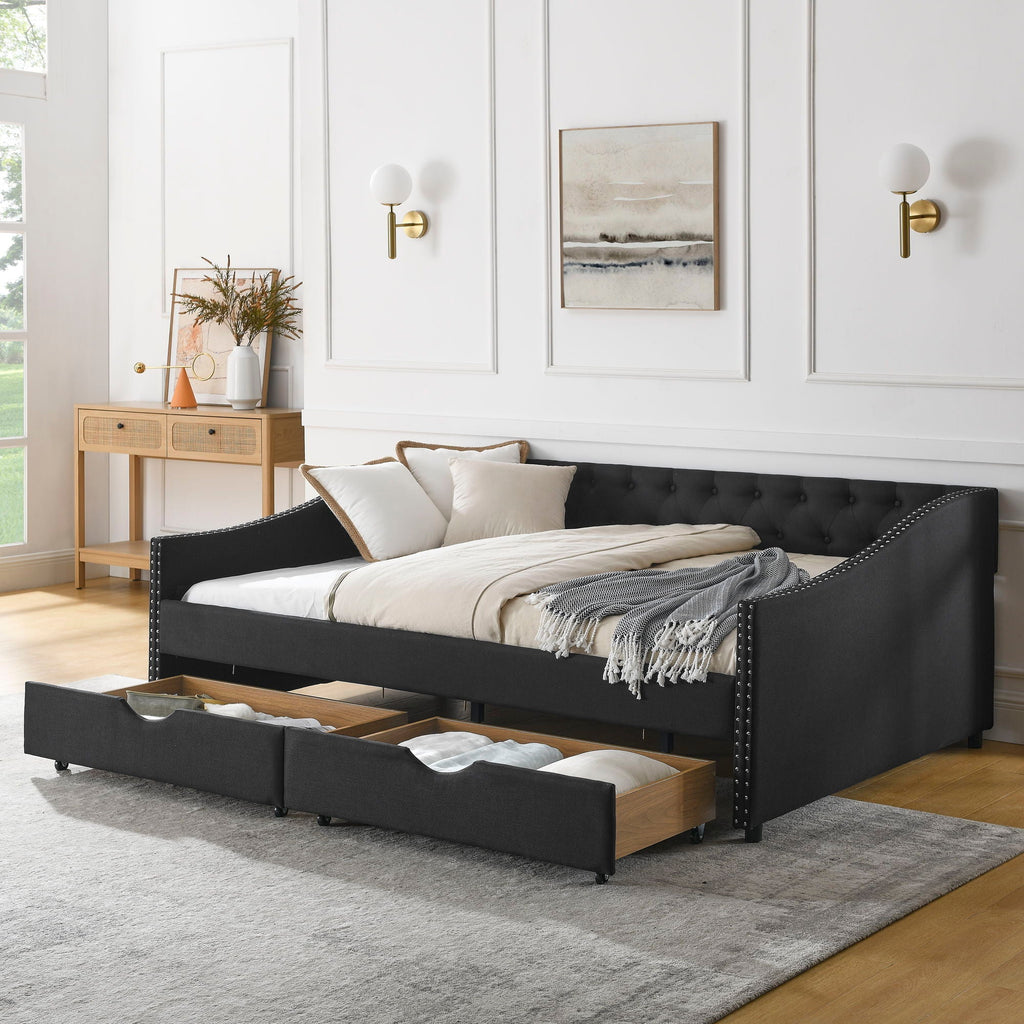 Upholstered Tufted Daybed with 2 Drawers and Waved Arms - Multiple Colors