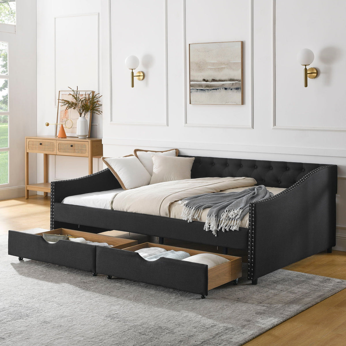Upholstered Tufted Daybed with 2 Drawers and Waved Arms - Multiple Colors