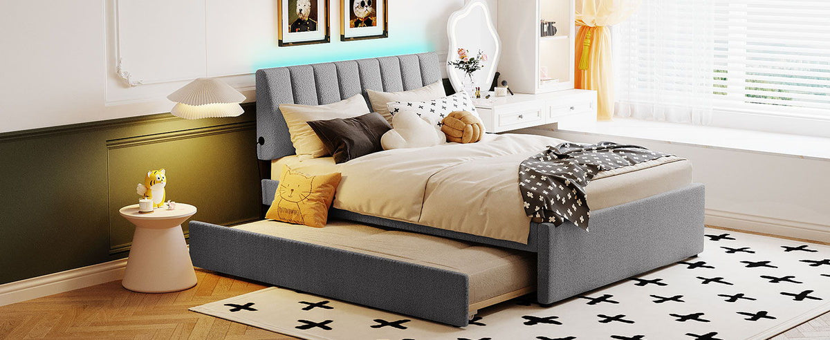 Upholstered Platform Bed With Trundle and LED Lights - Full or Queen