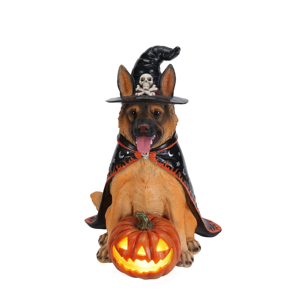 Halloween German Shepherd Dog Statue with LED Pumpkin - Resin