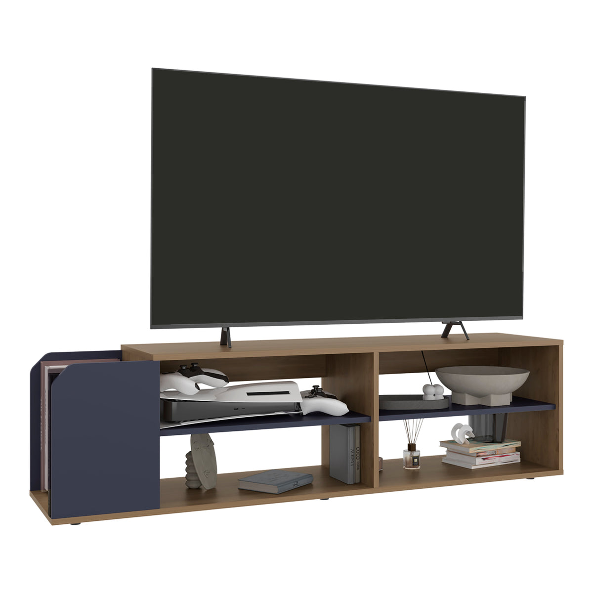 Solene TV Stand with Open Shelves - Modern Storage Solution with Spacious Shelves - Blue and Walnut