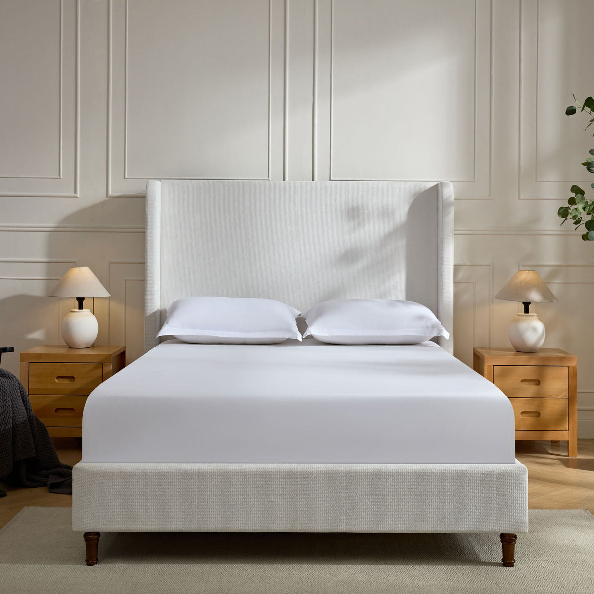 Tall Headboard Upholstered Bed with No Box Spring Needed - Cream