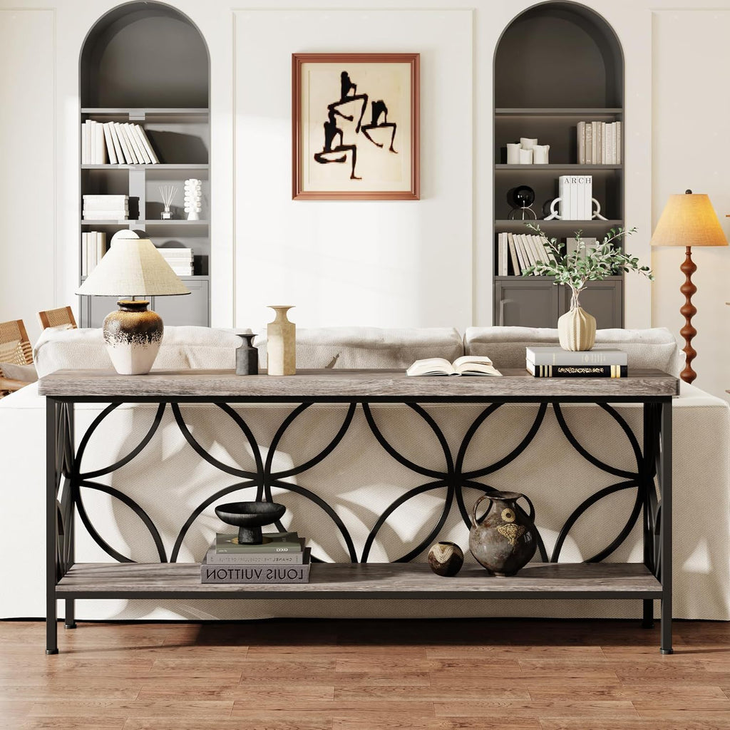 Extra Long Console Table with Open Storage Shelves - Dark Gray or Dark Brown