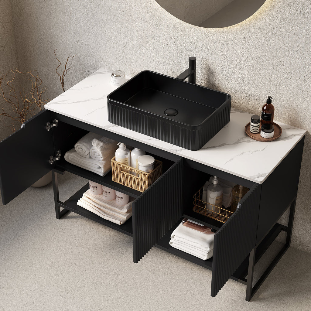 48-Inch Bathroom Vanity with Ceramic Sink and Storage - White & Black