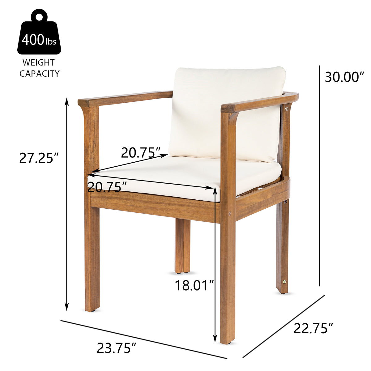 Outdoor Dining Chair Set of 2 with Curved Acacia Wood Arms - Teak Finish