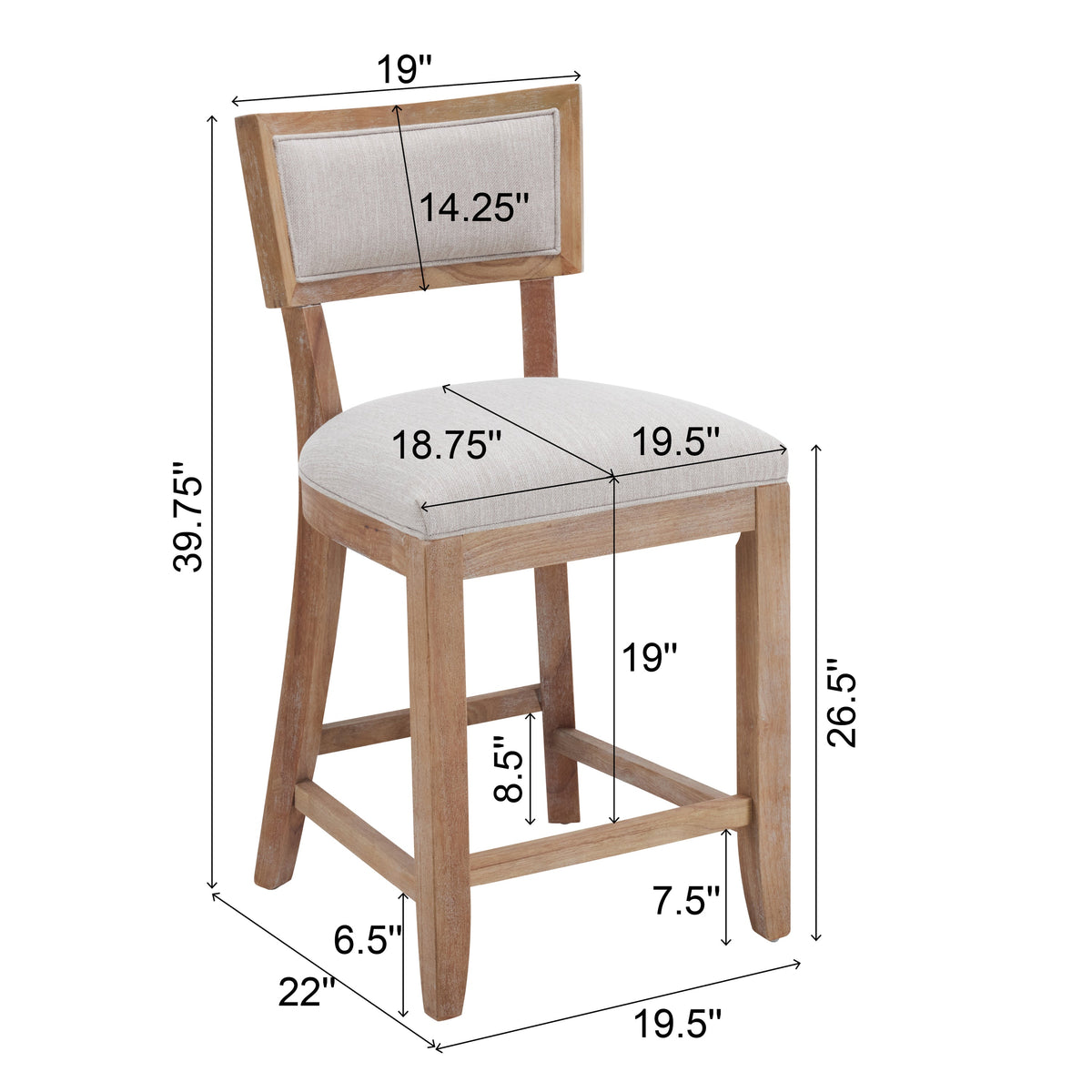 Upholstered Counter Stools Set of 2 with Ergonomic Back - Beige & Natural