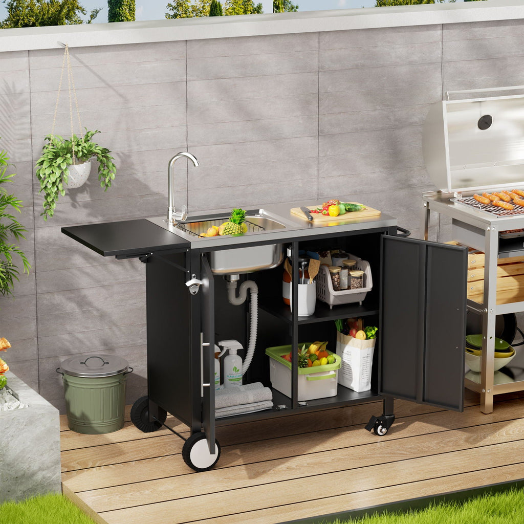 Outdoor Grill Table With Sink and Foldable Work Surface - Black
