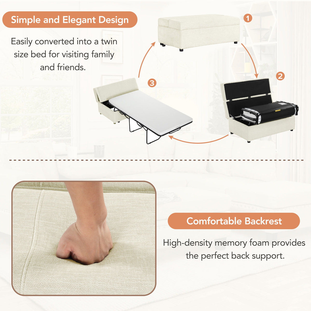 Twin Size Folding Ottoman Sleeper Bed with Mattress - Light Brown, Black, Dark Gray, White
