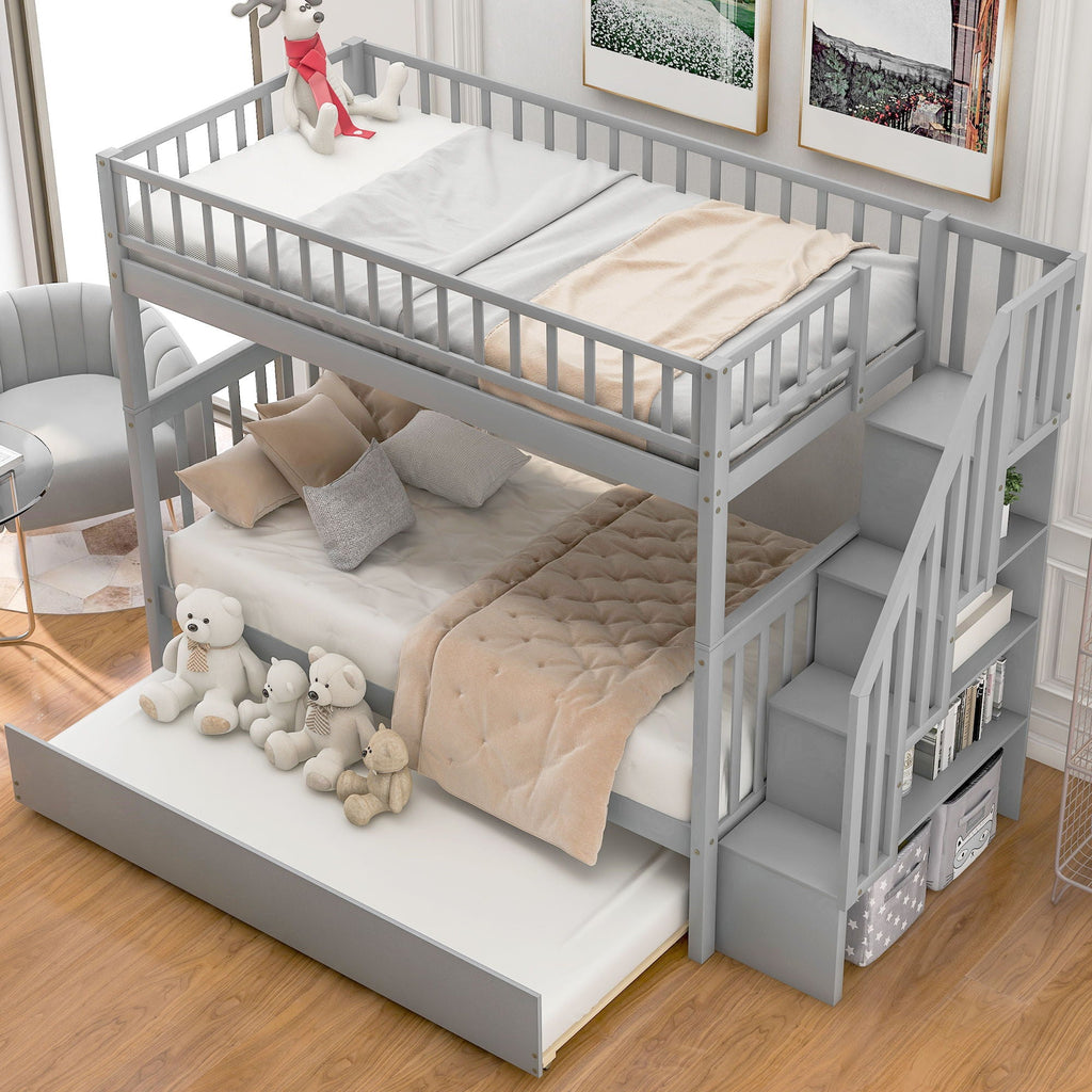 Bunk Bed with Staircase and Storage Options - Dark Gray or White