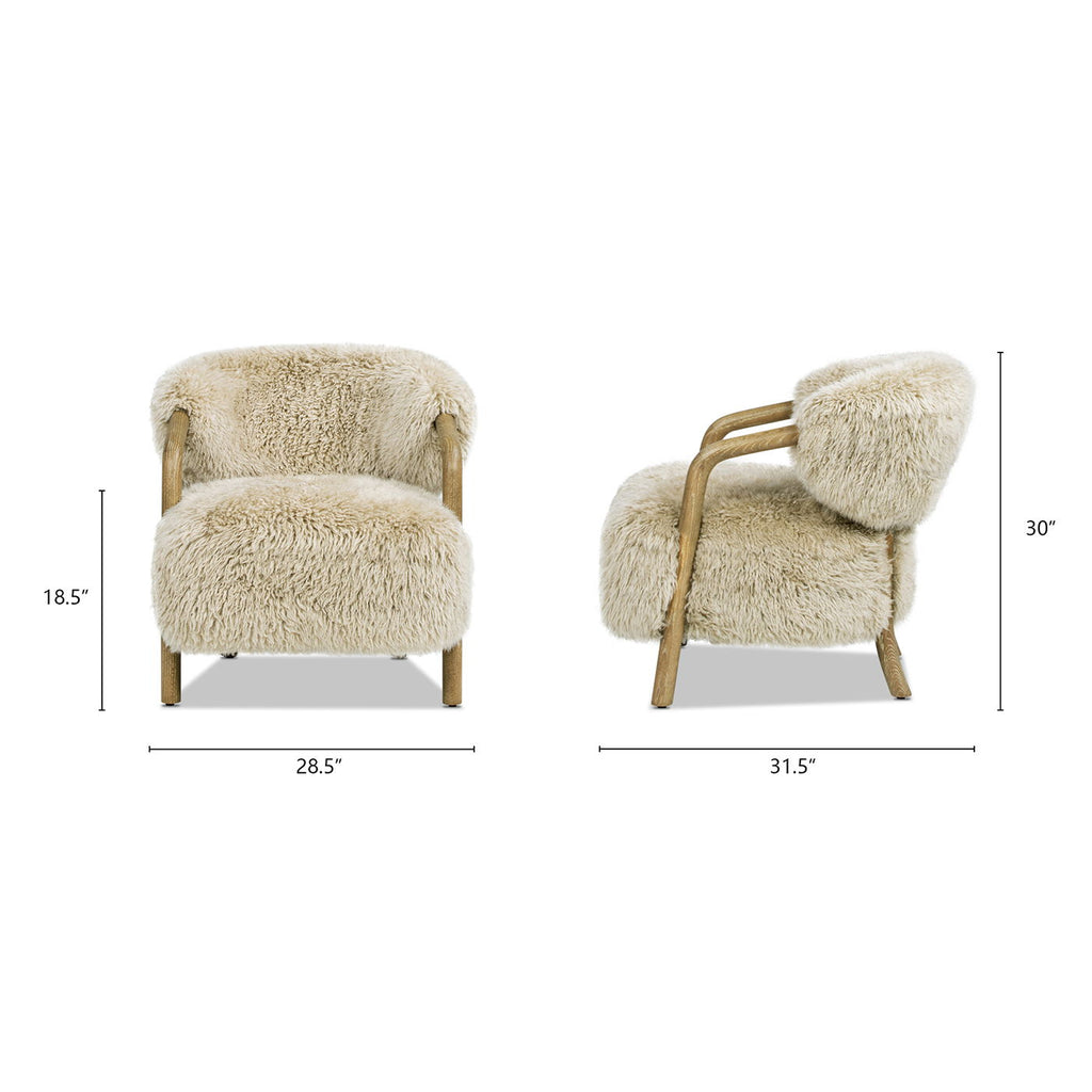 Rustic Oak Sheepskin Upholstered Arm Chair with Ergonomic Comfort - Taupe Beige