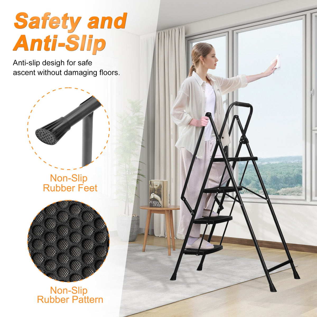 Four Step Ladder with Anti-Slip Pedals - Steel