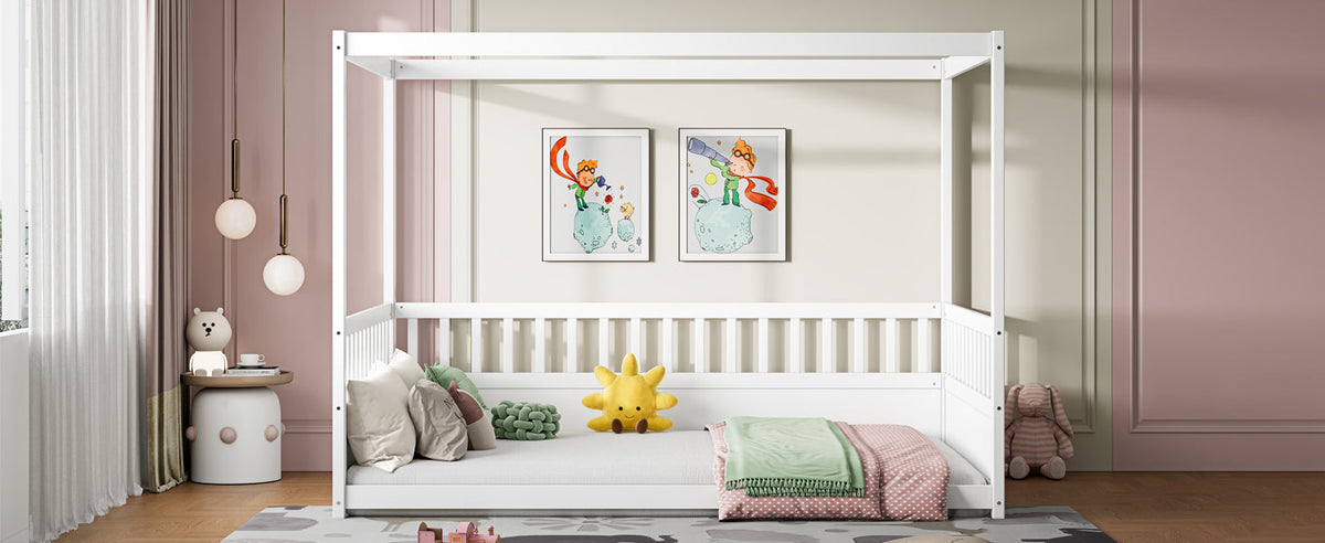 Full Size Canopy Bed Frame with Guardrails - White