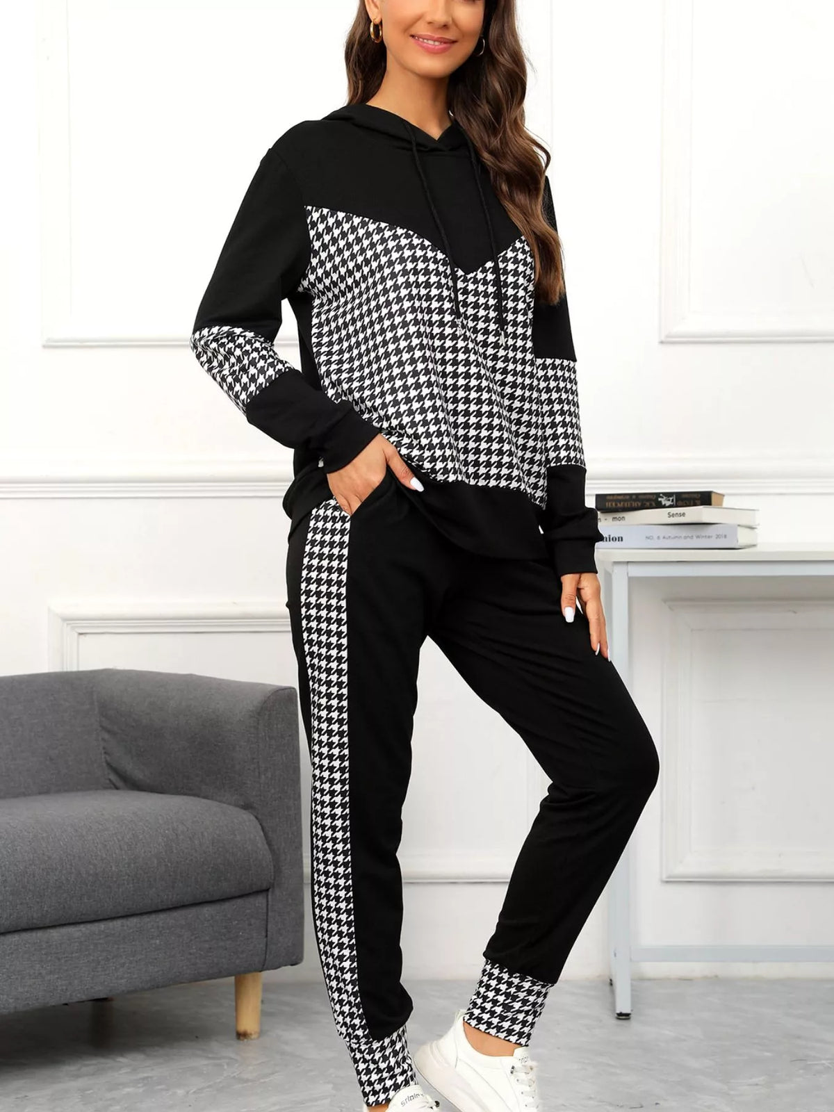 Houndstooth Drawstring Hoodie and Pants Se