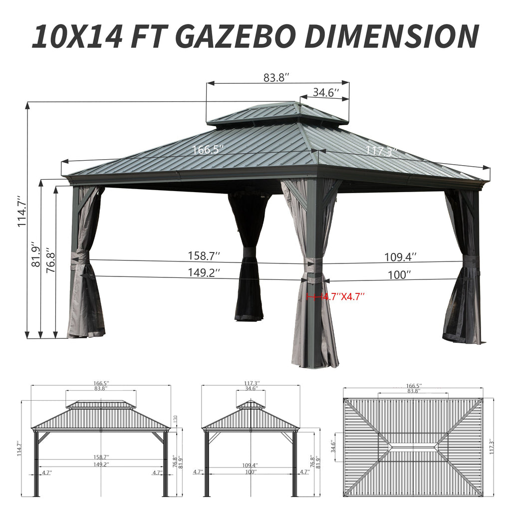 10' x 14' Hardtop Gazebo with Double Roof and Curtains - Grey or Brown