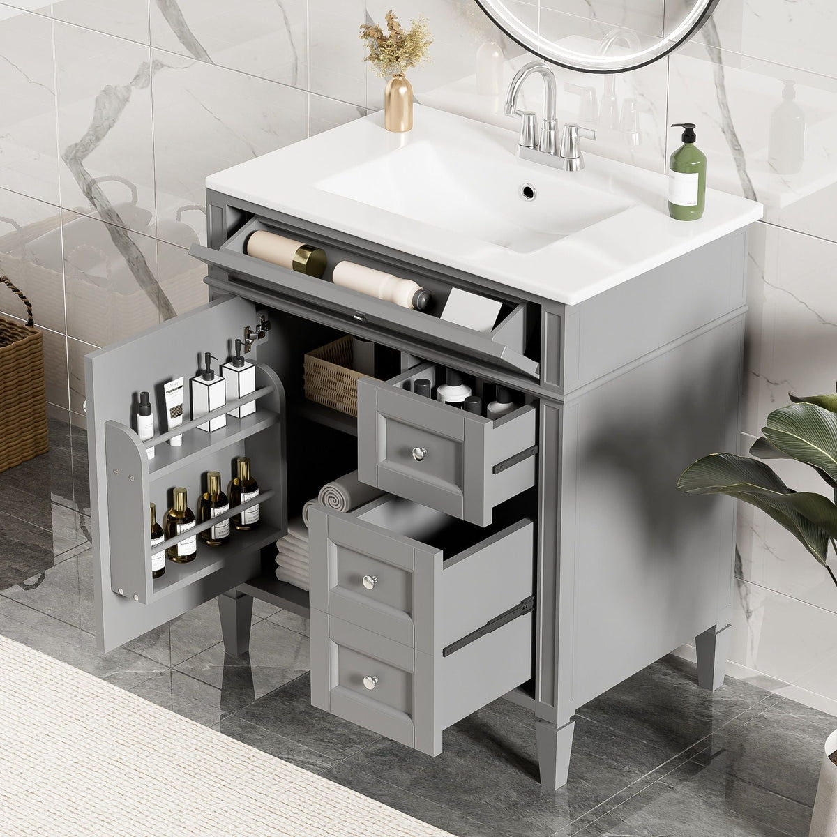 Bathroom Vanity With Top Sink, 2 Drawers & Tip Out Drawer