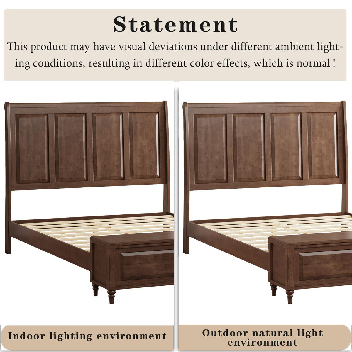 Sleigh Bed Frame with Tall Headboard and Storage Bench - Dark or Light Brown
