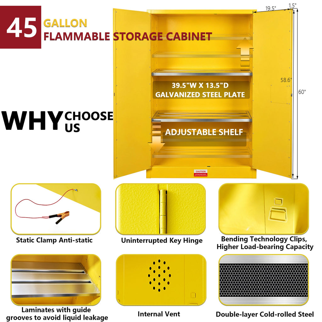 45 Gal Flammable Safety Cabinet with Double-Walled Steel - Yellow