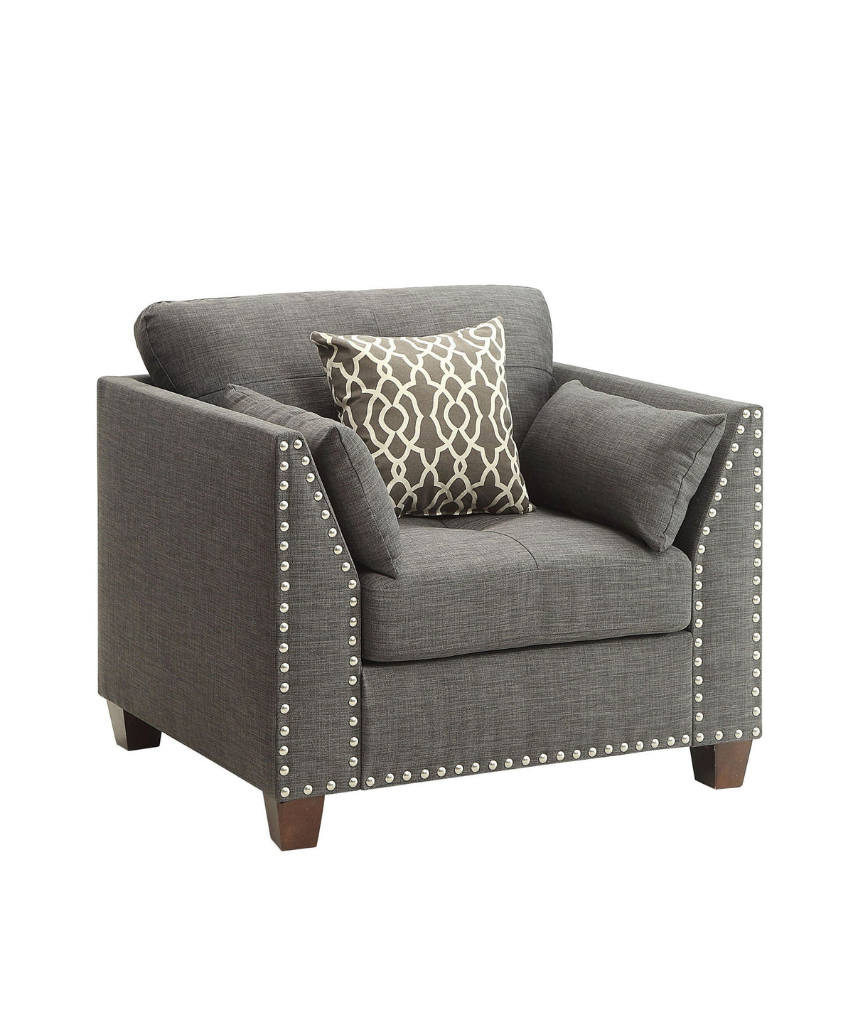Light Charcoal Arm Chair with 3 Pillows and Nailhead Trim