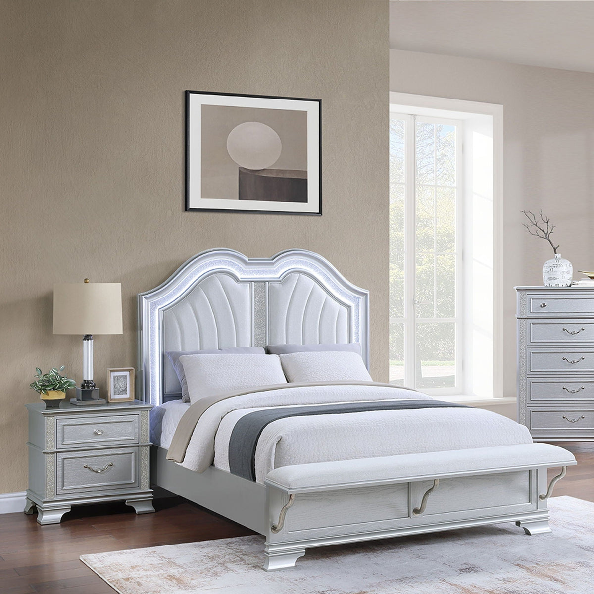 Pearl Silver 3 Piece Bedroom Set with LED Headboard and Footboard Bench
