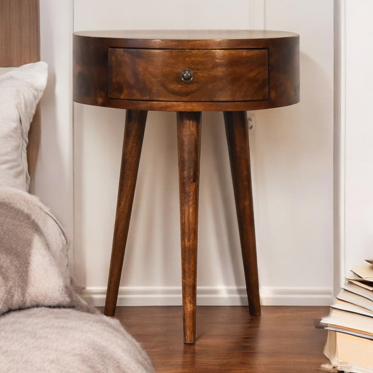 Solid Wood Semi Circle Nightstand with Nordic Legs - Chestnut