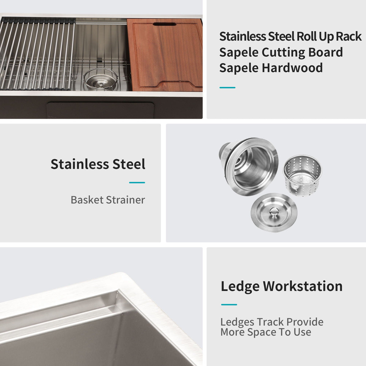 Black Single Bowl Undermount Workstation Kitchen Sink with Accessories
